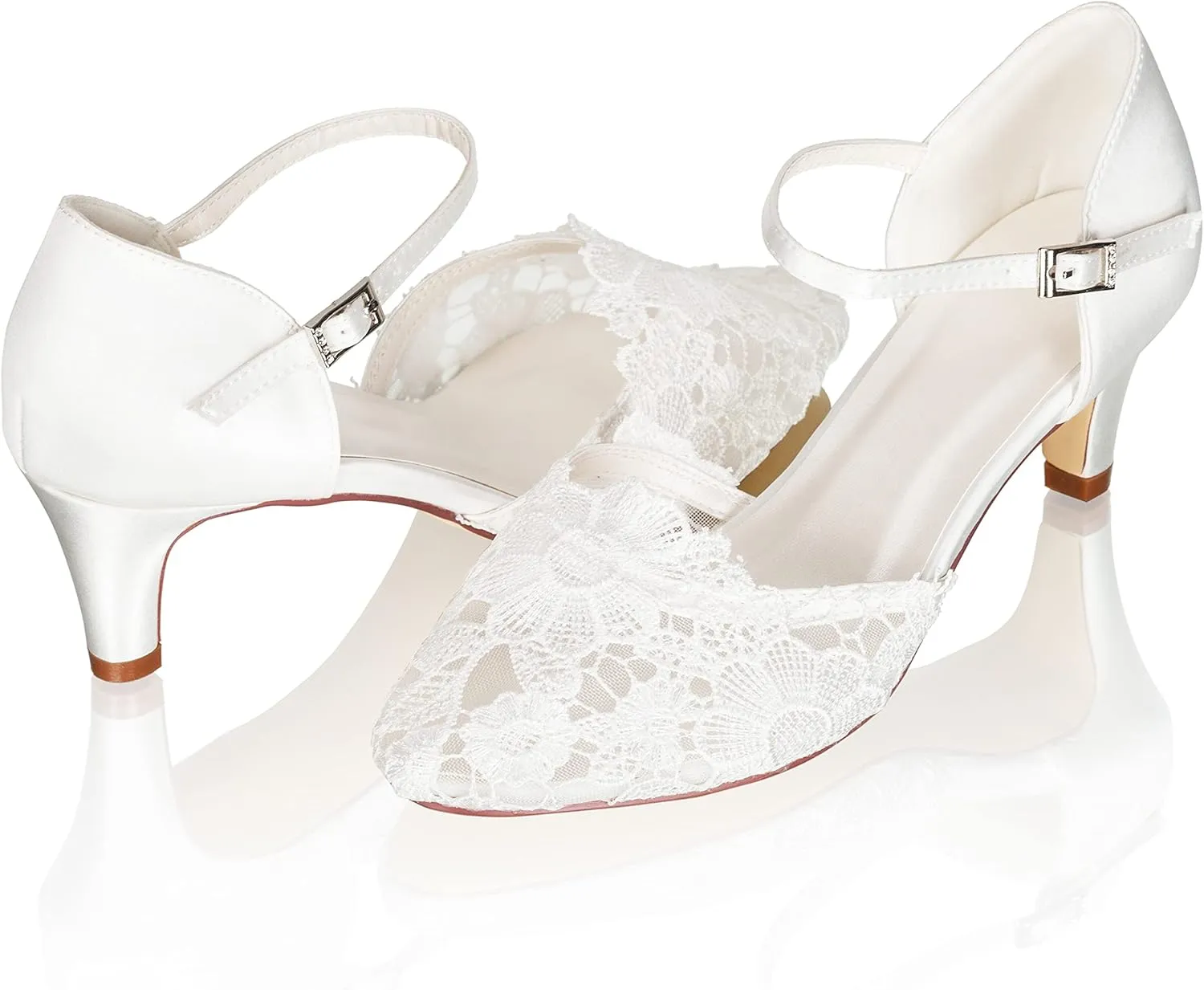 JIAJIA 45310 Women's Bridal Shoes Closed Toe 2.4" Mid Heel Lace Satin Pumps Satin Flower Hollow Out Wedding Shoes
