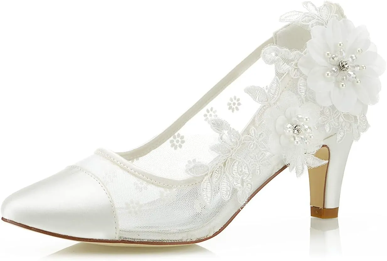 JIAJIA 4537 Women's Bridal Shoes Cap-Toe 2.4" Stiletto Heel Lace Satin Pumps Satin Flower Net Yarn Wedding Shoes