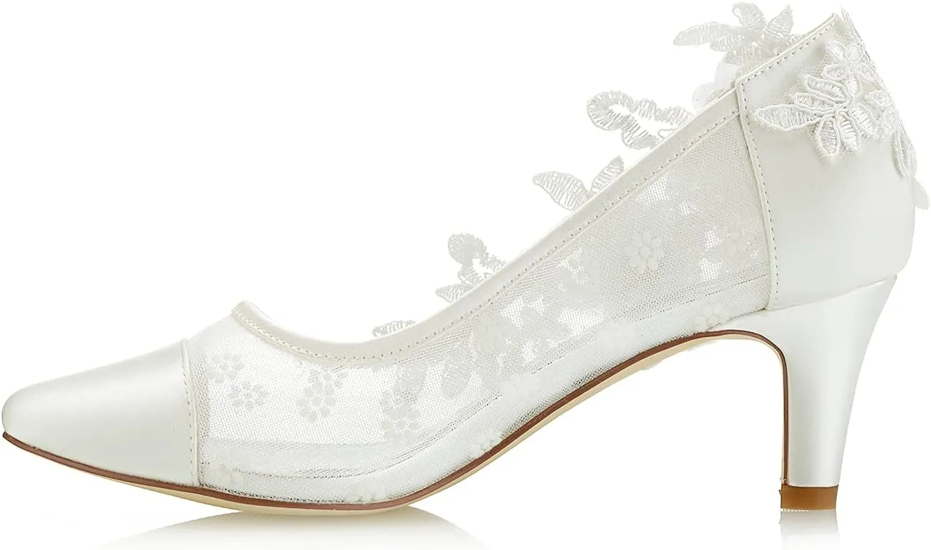 JIAJIA 4537 Women's Bridal Shoes Cap-Toe 2.4" Stiletto Heel Lace Satin Pumps Satin Flower Net Yarn Wedding Shoes
