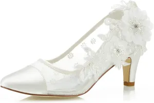 JIAJIA 4537 Women's Bridal Shoes Cap-Toe 2.4" Stiletto Heel Lace Satin Pumps Satin Flower Net Yarn Wedding Shoes
