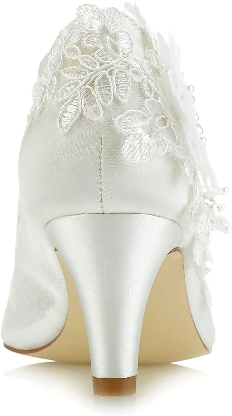 JIAJIA 4537 Women's Bridal Shoes Cap-Toe 2.4" Stiletto Heel Lace Satin Pumps Satin Flower Net Yarn Wedding Shoes
