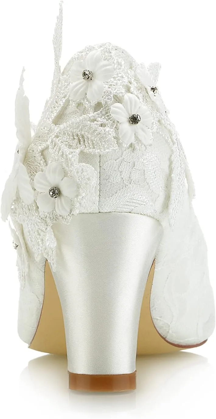 JIAJIA 62311 Women's Bridal Shoes Closed Toe 2.7" Chunky Heel Lace Satin Pumps Satin Flower Wedding Shoes