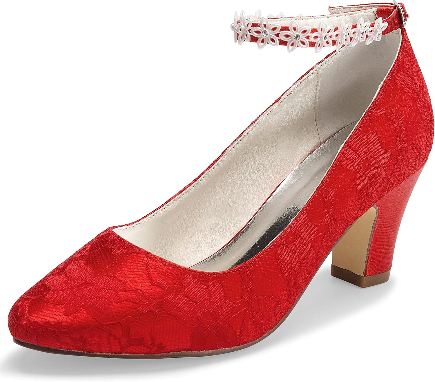 JIAJIA 62311A Women's Bridal Shoes Closed Toe 2.7" Chunky Heel Lace Satin Pumps Satin Flower Wedding Shoes