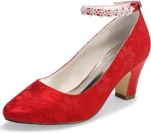 JIAJIA 62311A Women's Bridal Shoes Closed Toe 2.7" Chunky Heel Lace Satin Pumps Satin Flower Wedding Shoes