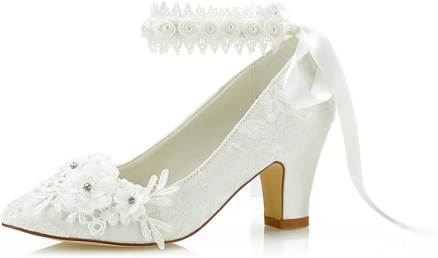 JIAJIA 62311B Women's Bridal Shoes Closed Toe 2.7" Chunky Heel Lace Satin Pumps Satin Flower Ribbon Tie Wedding Shoes