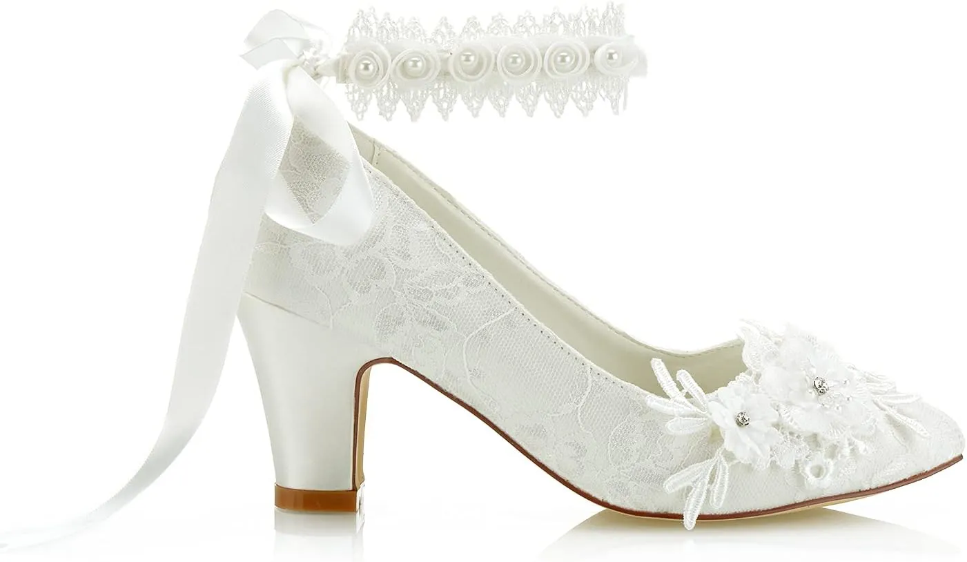JIAJIA 62311B Women's Bridal Shoes Closed Toe 2.7" Chunky Heel Lace Satin Pumps Satin Flower Ribbon Tie Wedding Shoes