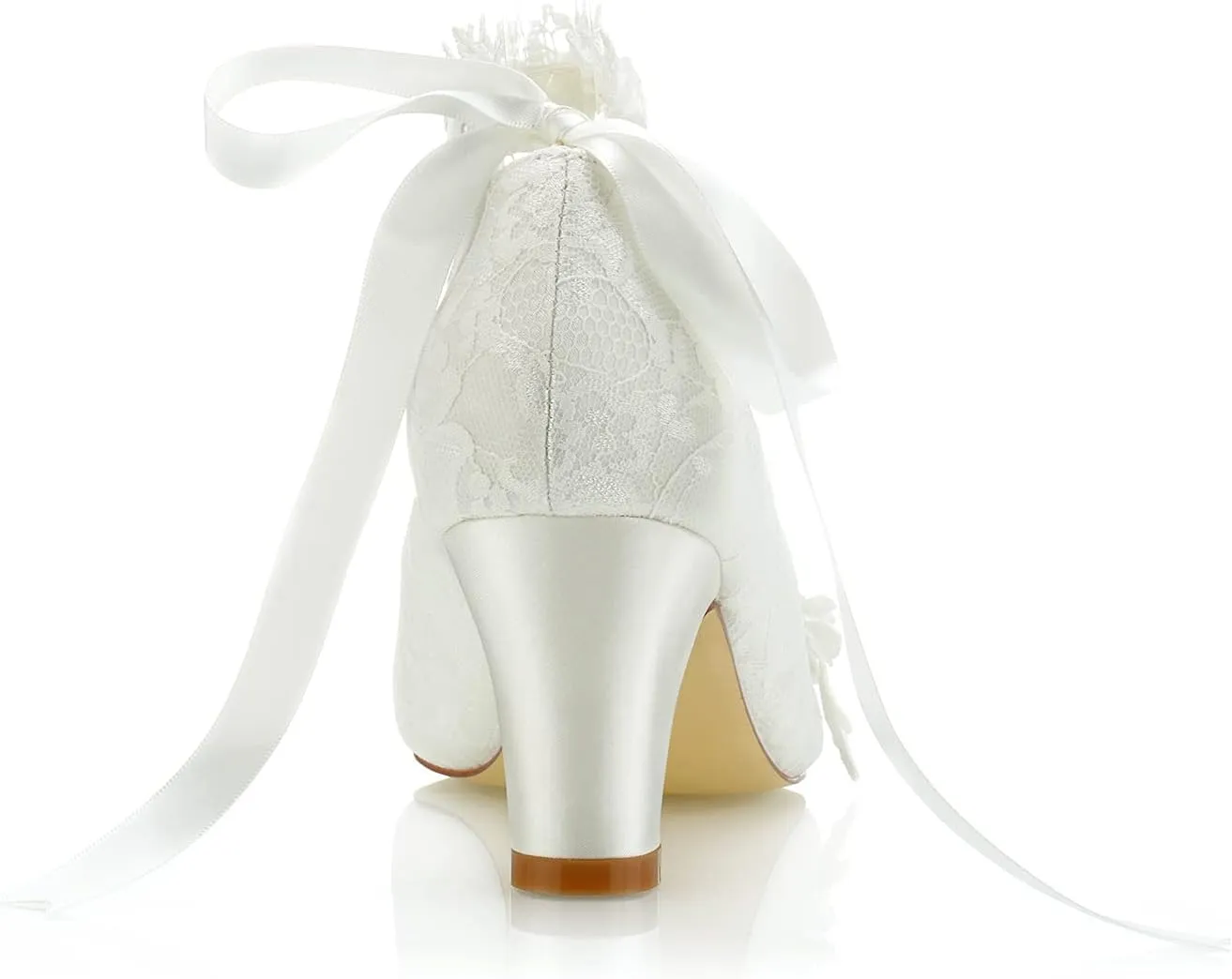 JIAJIA 62311B Women's Bridal Shoes Closed Toe 2.7" Chunky Heel Lace Satin Pumps Satin Flower Ribbon Tie Wedding Shoes