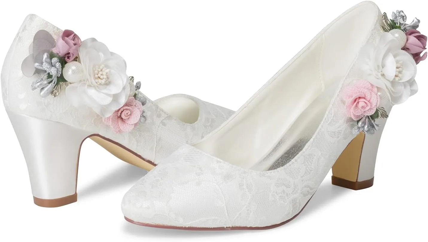 JIAJIA 62315 Women's Bridal Shoes Closed Toe 2.7" Chunky Heel Lace Satin Pumps Satin Flowers Wedding Shoes