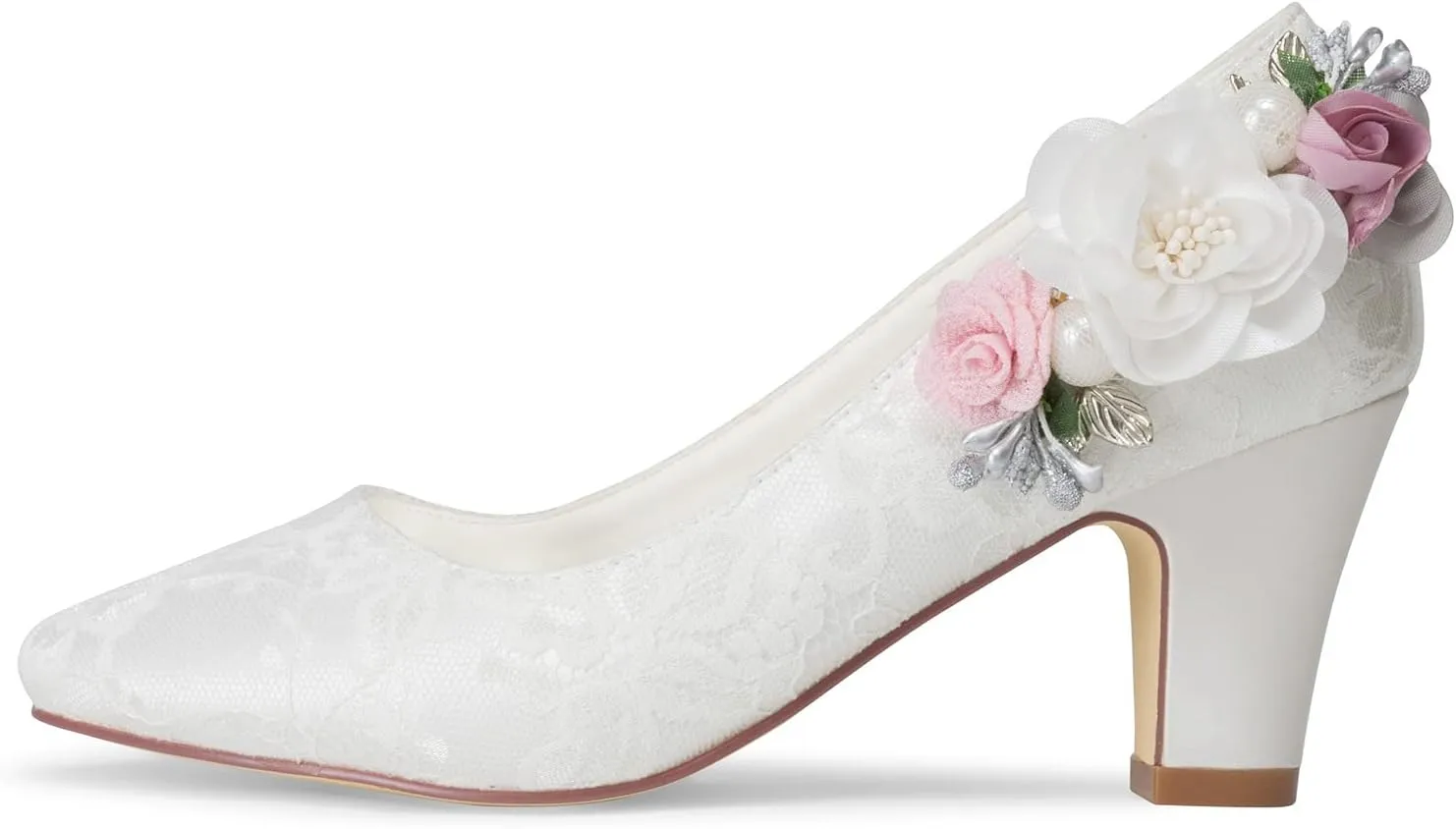 JIAJIA 62315 Women's Bridal Shoes Closed Toe 2.7" Chunky Heel Lace Satin Pumps Satin Flowers Wedding Shoes
