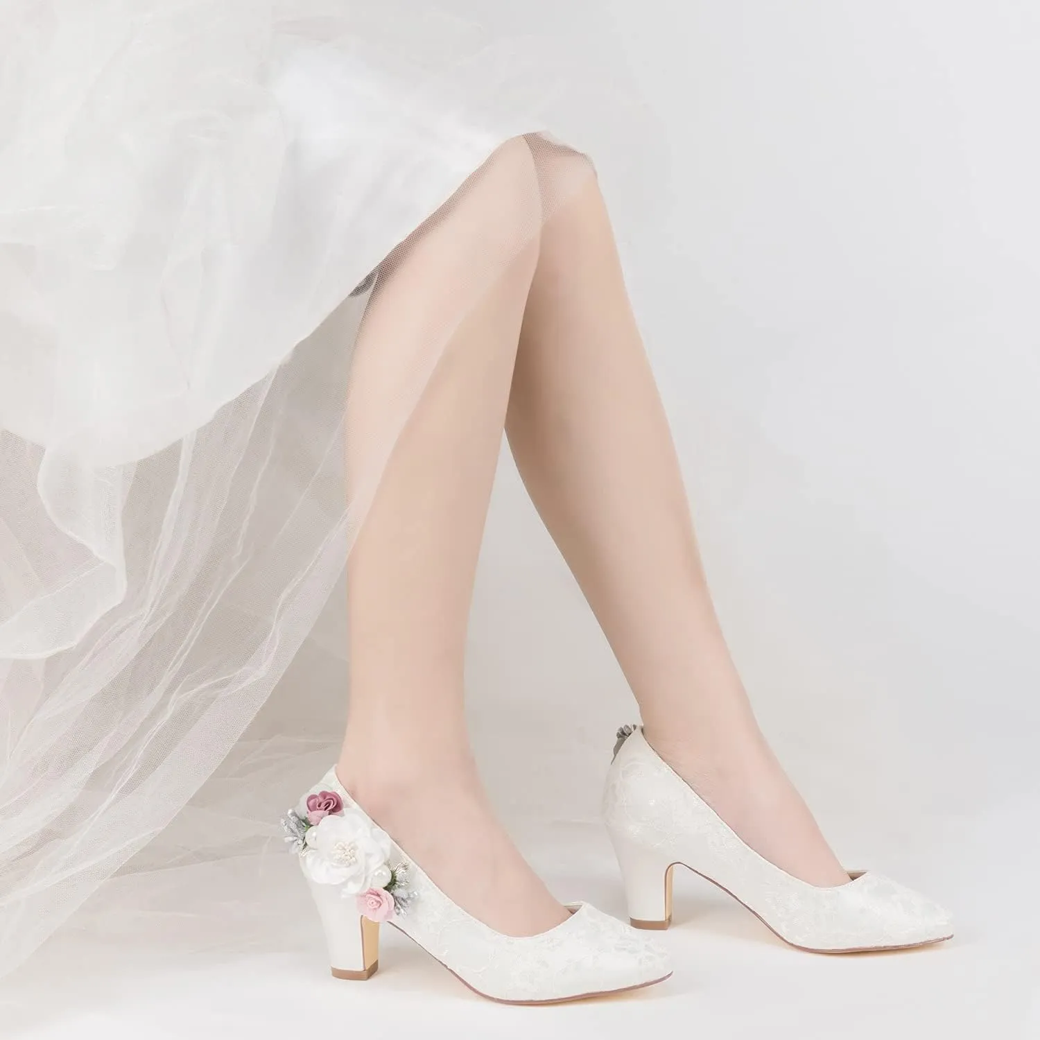 JIAJIA 62315 Women's Bridal Shoes Closed Toe 2.7" Chunky Heel Lace Satin Pumps Satin Flowers Wedding Shoes