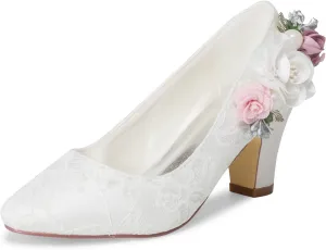 JIAJIA 62315 Women's Bridal Shoes Closed Toe 2.7" Chunky Heel Lace Satin Pumps Satin Flowers Wedding Shoes