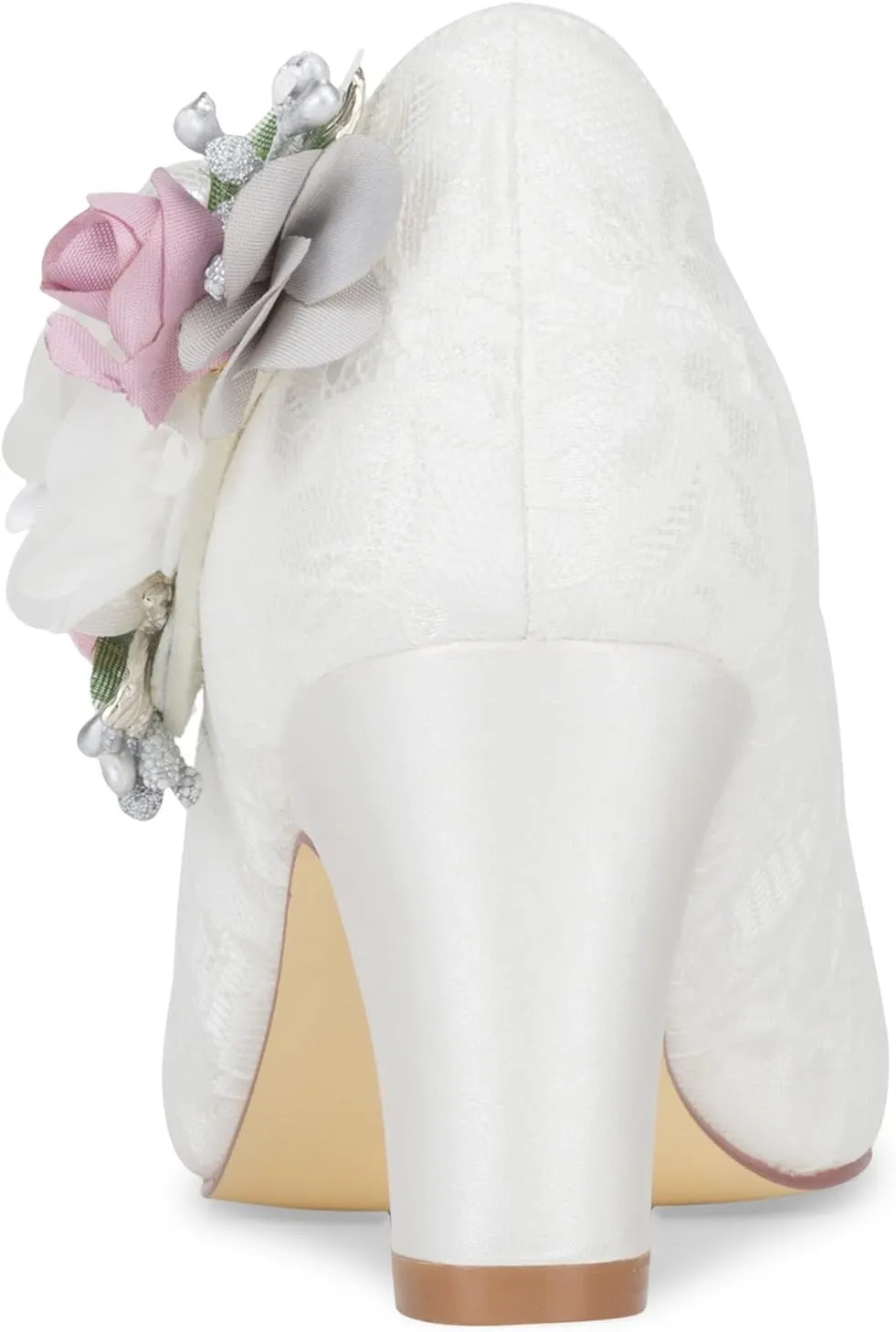 JIAJIA 62315 Women's Bridal Shoes Closed Toe 2.7" Chunky Heel Lace Satin Pumps Satin Flowers Wedding Shoes