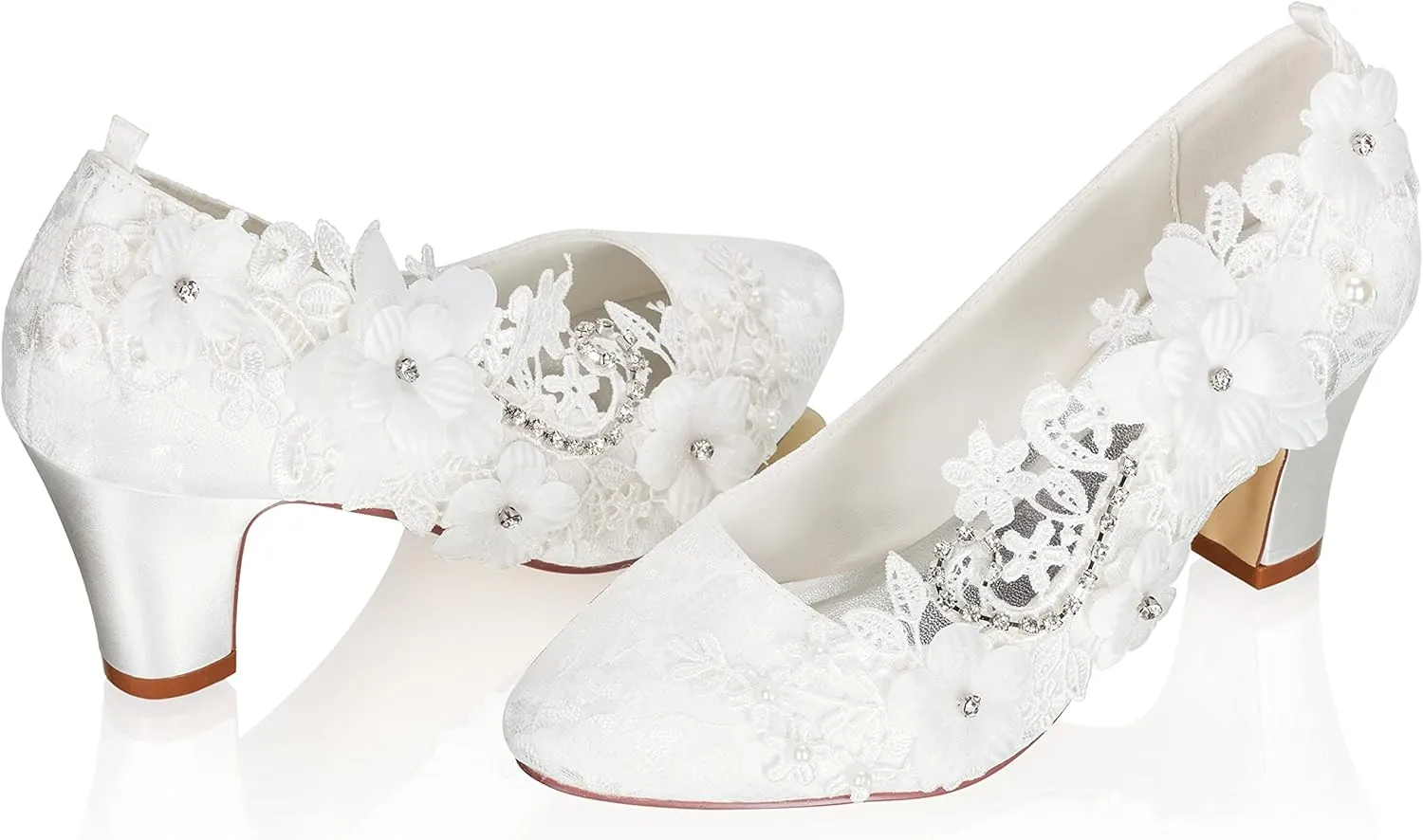 JIAJIA 62316 Women's Bridal Shoes Closed Toe 2.7" Chunky Heel Lace Satin Pumps Rhinestone Satin Flower Wedding Shoes