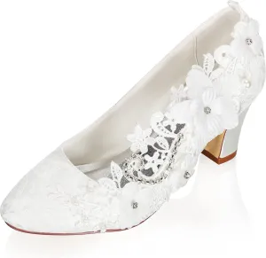 JIAJIA 62316 Women's Bridal Shoes Closed Toe 2.7" Chunky Heel Lace Satin Pumps Rhinestone Satin Flower Wedding Shoes