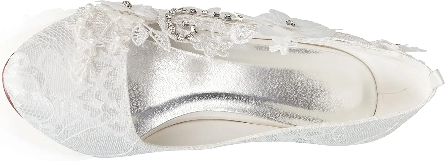 JIAJIA 62316 Women's Bridal Shoes Closed Toe 2.7" Chunky Heel Lace Satin Pumps Rhinestone Satin Flower Wedding Shoes