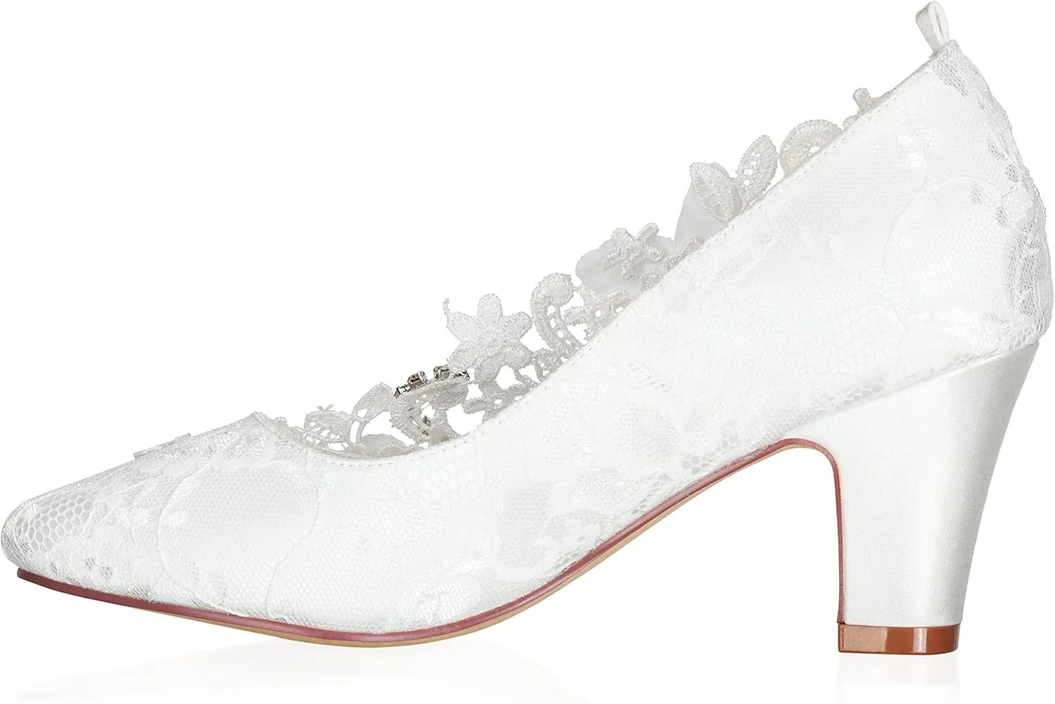JIAJIA 62316 Women's Bridal Shoes Closed Toe 2.7" Chunky Heel Lace Satin Pumps Rhinestone Satin Flower Wedding Shoes