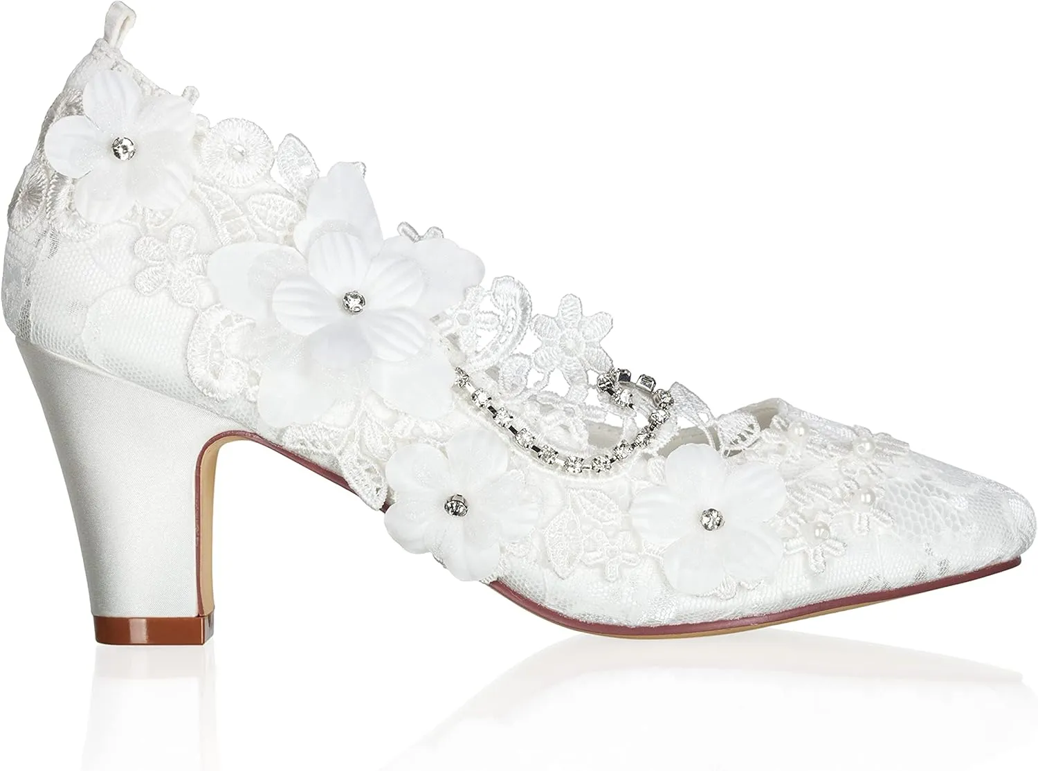 JIAJIA 62316 Women's Bridal Shoes Closed Toe 2.7" Chunky Heel Lace Satin Pumps Rhinestone Satin Flower Wedding Shoes