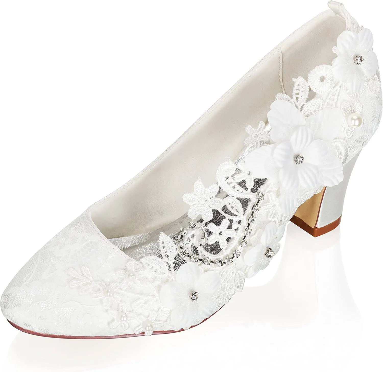 JIAJIA 62316 Women's Bridal Shoes Closed Toe 2.7" Chunky Heel Lace Satin Pumps Rhinestone Satin Flower Wedding Shoes