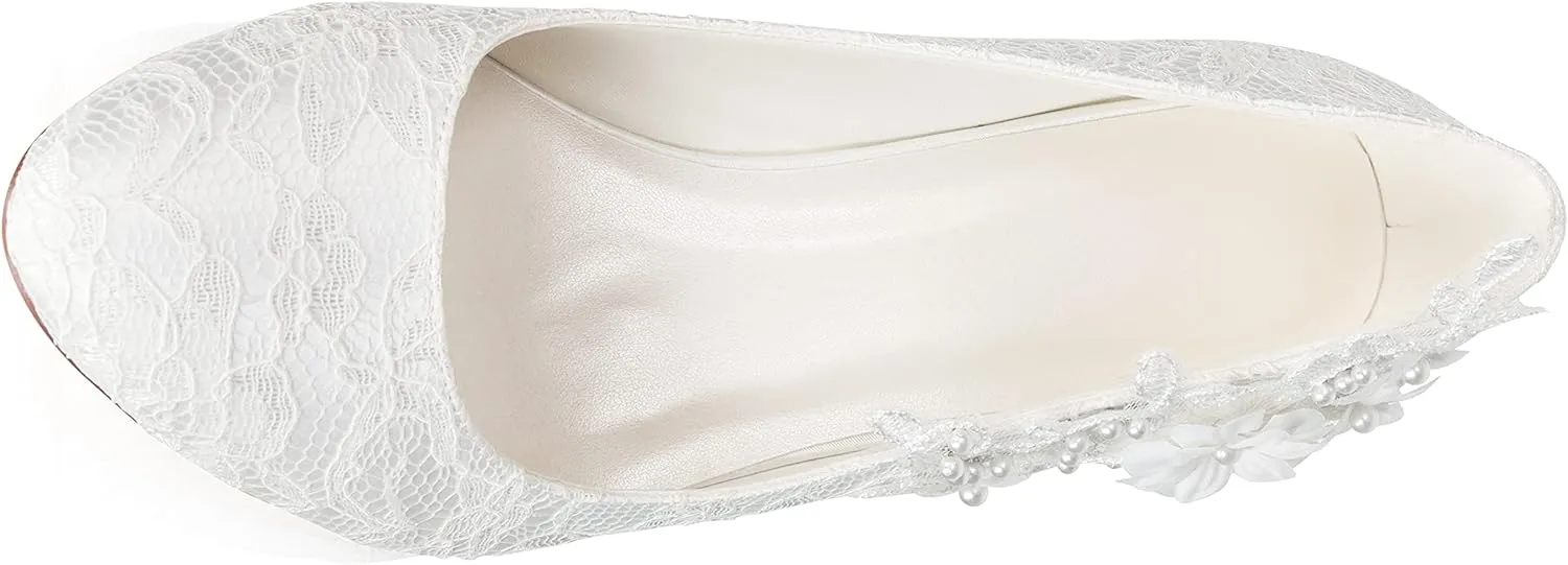 JIAJIA 62375 Women's Bridal Shoes Closed Toe 2.6'' Cone Mid Heel Lace Satin Flower Pumps Wedding Shoes