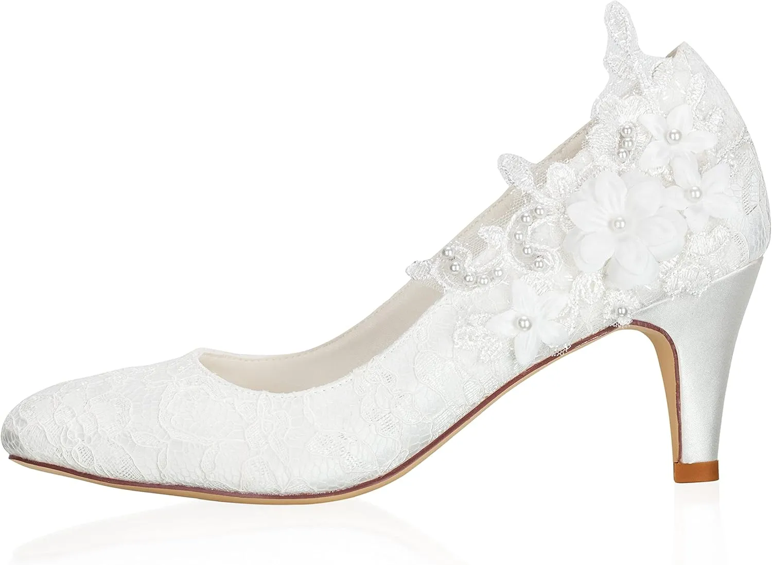 JIAJIA 62375 Women's Bridal Shoes Closed Toe 2.6'' Cone Mid Heel Lace Satin Flower Pumps Wedding Shoes
