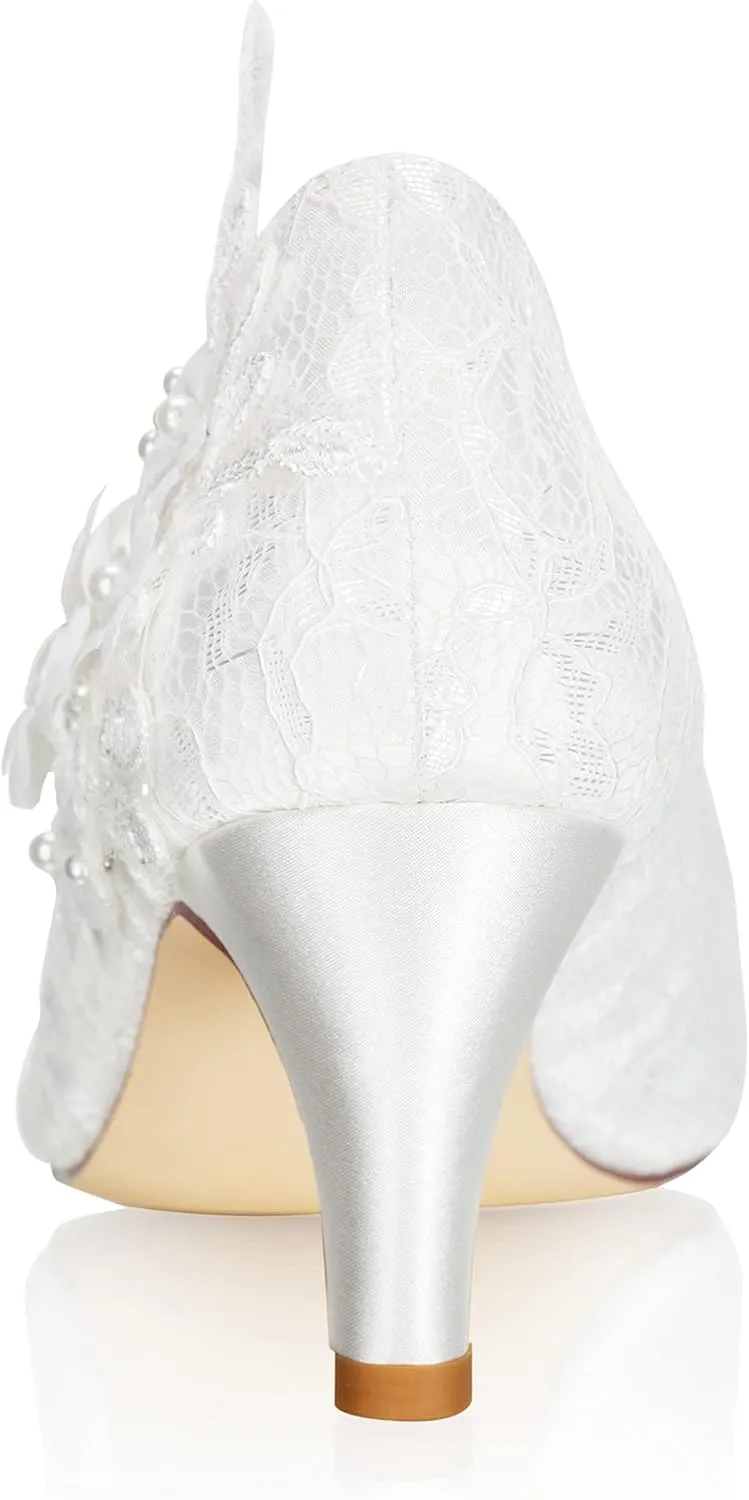 JIAJIA 62375 Women's Bridal Shoes Closed Toe 2.6'' Cone Mid Heel Lace Satin Flower Pumps Wedding Shoes