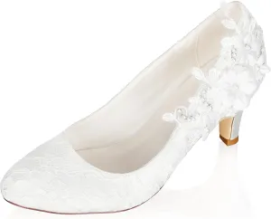 JIAJIA 62375 Women's Bridal Shoes Closed Toe 2.6'' Cone Mid Heel Lace Satin Flower Pumps Wedding Shoes