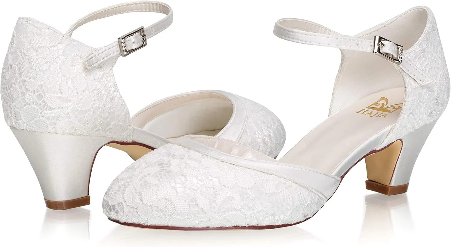 JIAJIA 8963 Women's Memory Foam Bridal Shoes Closed Toe 1.9'' Block Low Heel Lace Satin Pumps Wedding Shoes
