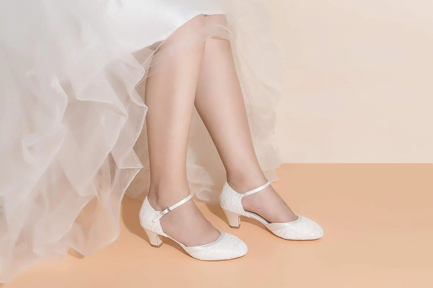 JIAJIA 8963 Women's Memory Foam Bridal Shoes Closed Toe 1.9'' Block Low Heel Lace Satin Pumps Wedding Shoes