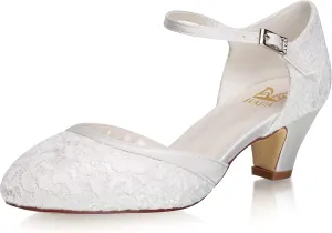 JIAJIA 8963 Women's Memory Foam Bridal Shoes Closed Toe 1.9'' Block Low Heel Lace Satin Pumps Wedding Shoes