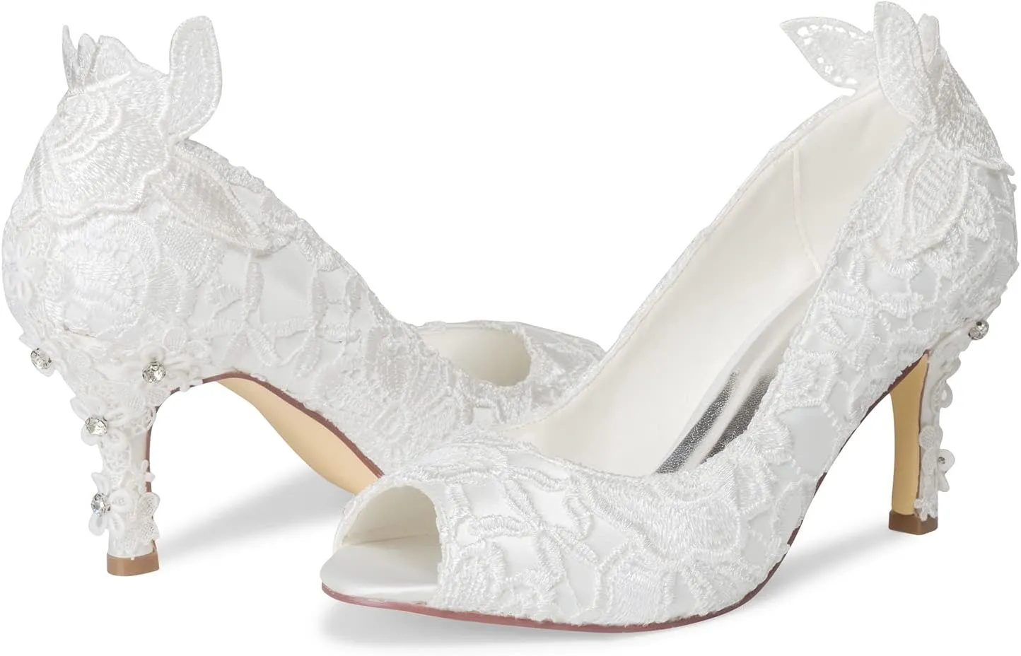 JIAJIA A31B64 Women's Bridal Shoes Peep Toe 3.14" Stiletto Heel Lace Satin Pumps Rhinestone Wedding Shoes