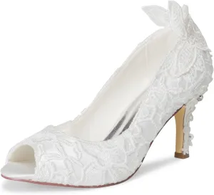 JIAJIA A31B64 Women's Bridal Shoes Peep Toe 3.14" Stiletto Heel Lace Satin Pumps Rhinestone Wedding Shoes