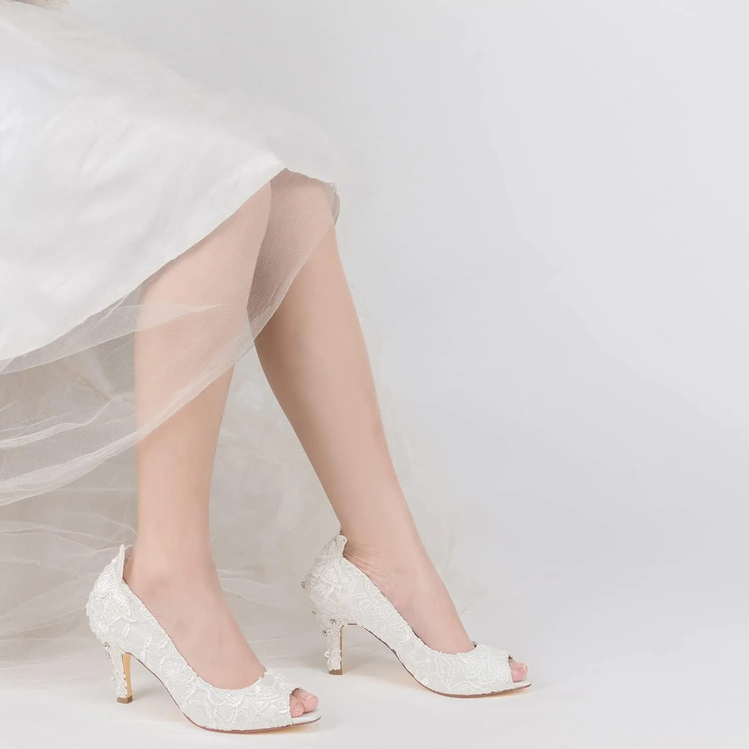 JIAJIA A31B64 Women's Bridal Shoes Peep Toe 3.14" Stiletto Heel Lace Satin Pumps Rhinestone Wedding Shoes