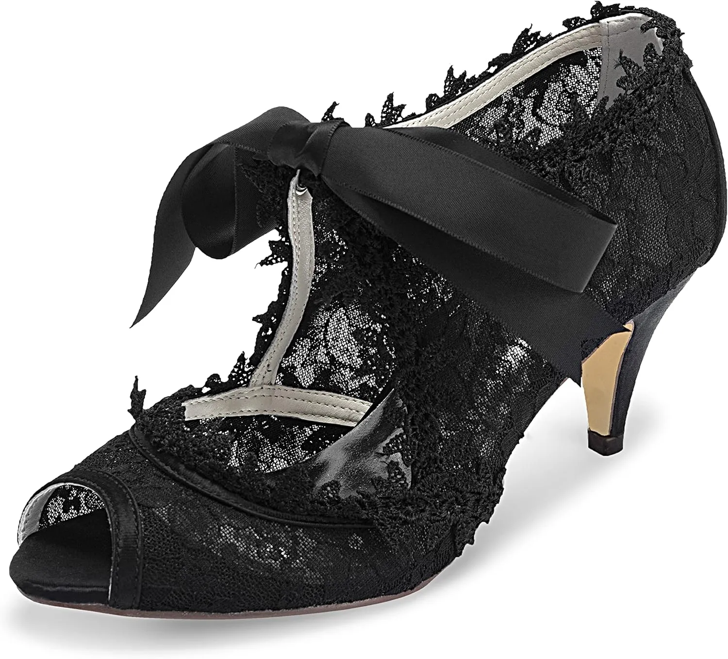 JIAJIA Women's Bridal Shoes 5949419 Peep Toe 2.6" Cone Heel Lace Satin Pumps Ribbon Tie Wedding Shoes