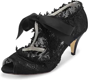 JIAJIA Women's Bridal Shoes 5949419 Peep Toe 2.6" Cone Heel Lace Satin Pumps Ribbon Tie Wedding Shoes