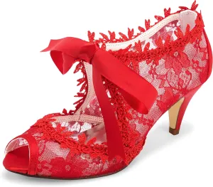 JIAJIA Women's Bridal Shoes 5949419 Peep Toe 2.6" Cone Heel Lace Satin Pumps Ribbon Tie Wedding Shoes