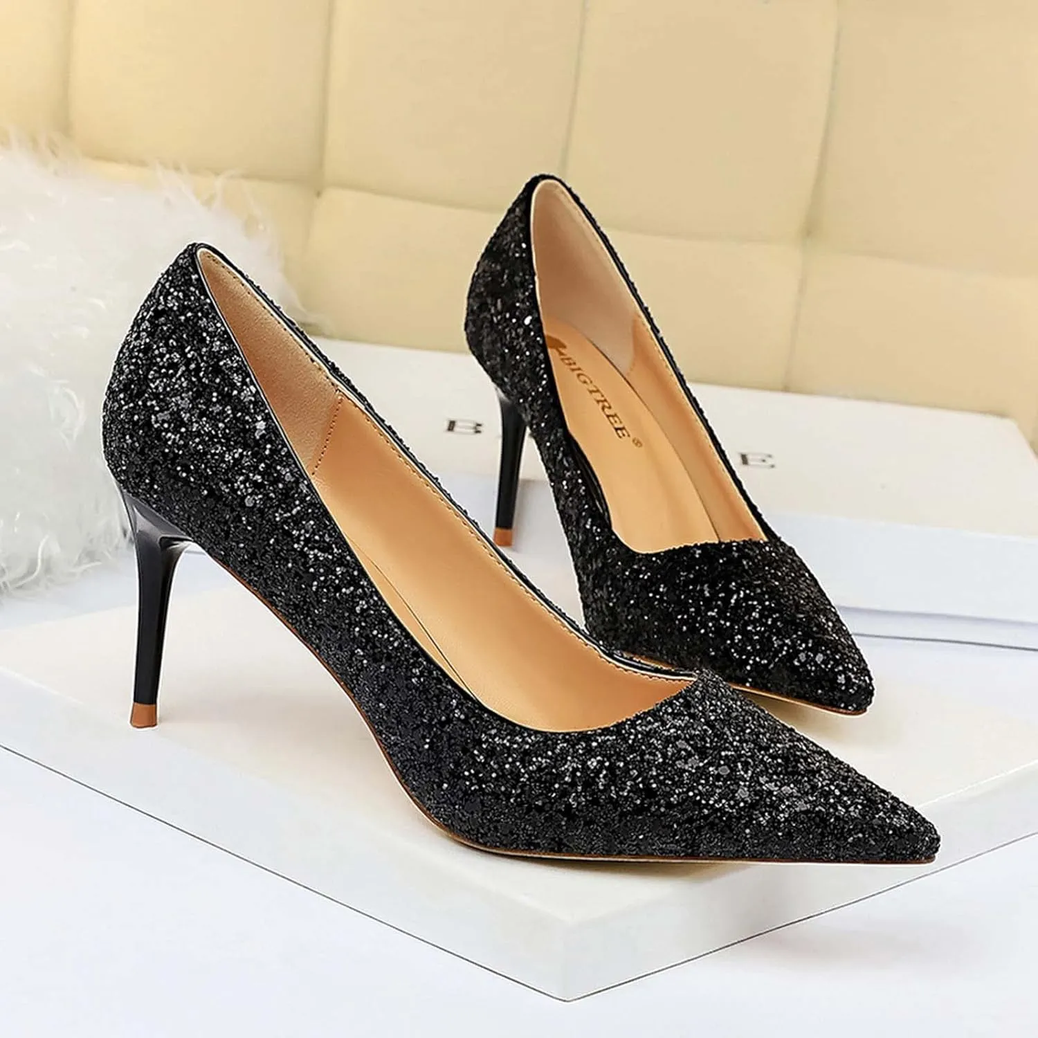 JOEupin Women's Sequin Mid Heel Wedding Pumps Pointed Toe Sparkly Party Wear Glitter Bridal Shoes