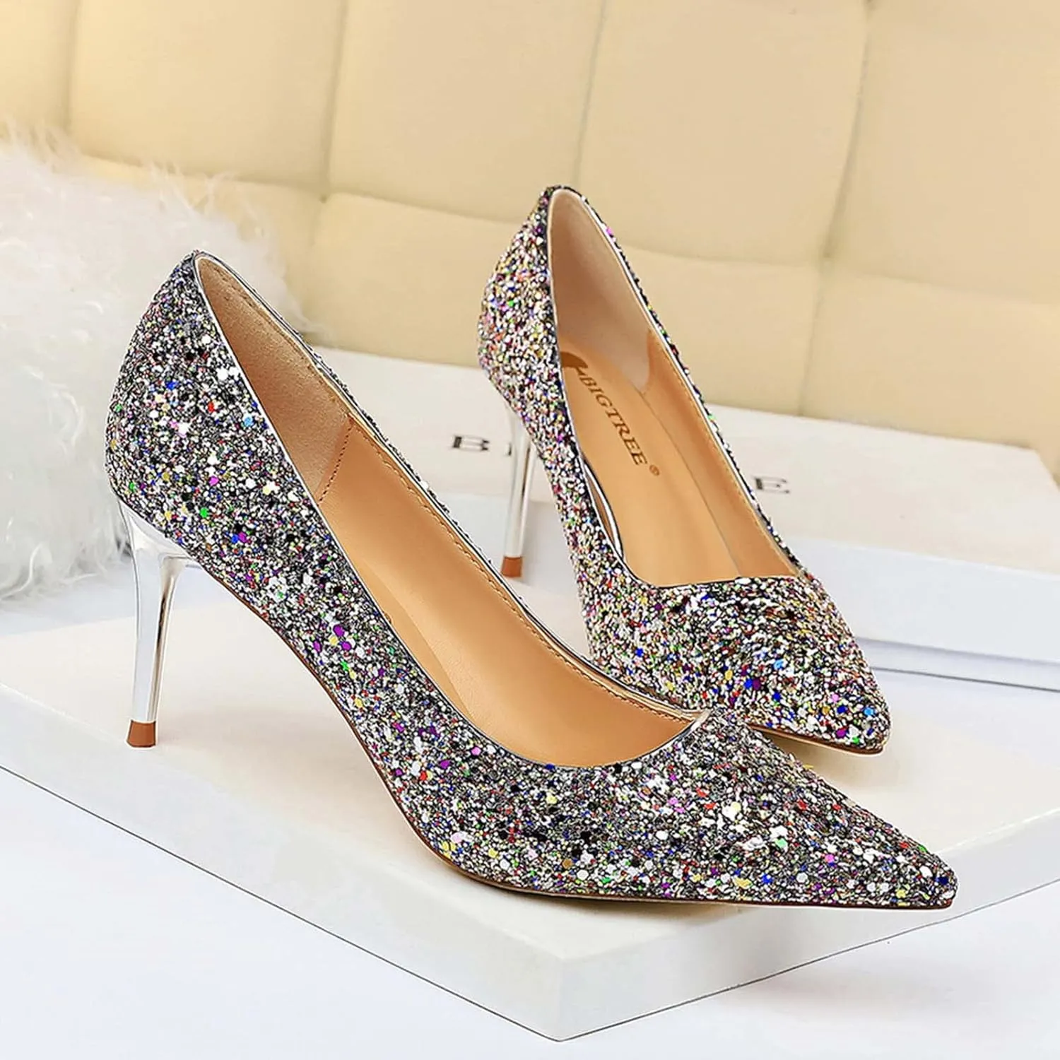 JOEupin Women's Sequin Mid Heel Wedding Pumps Pointed Toe Sparkly Party Wear Glitter Bridal Shoes