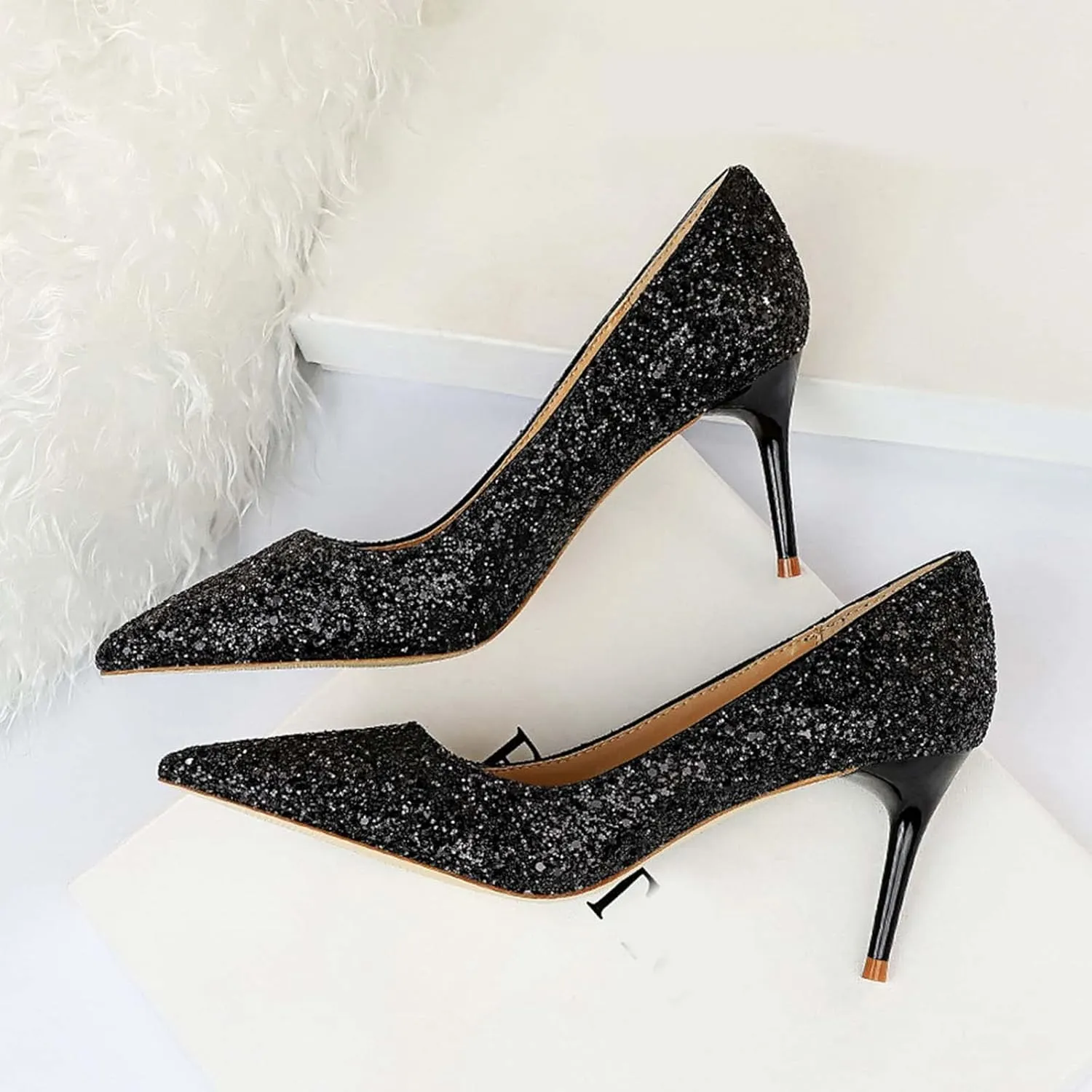 JOEupin Women's Sequin Mid Heel Wedding Pumps Pointed Toe Sparkly Party Wear Glitter Bridal Shoes
