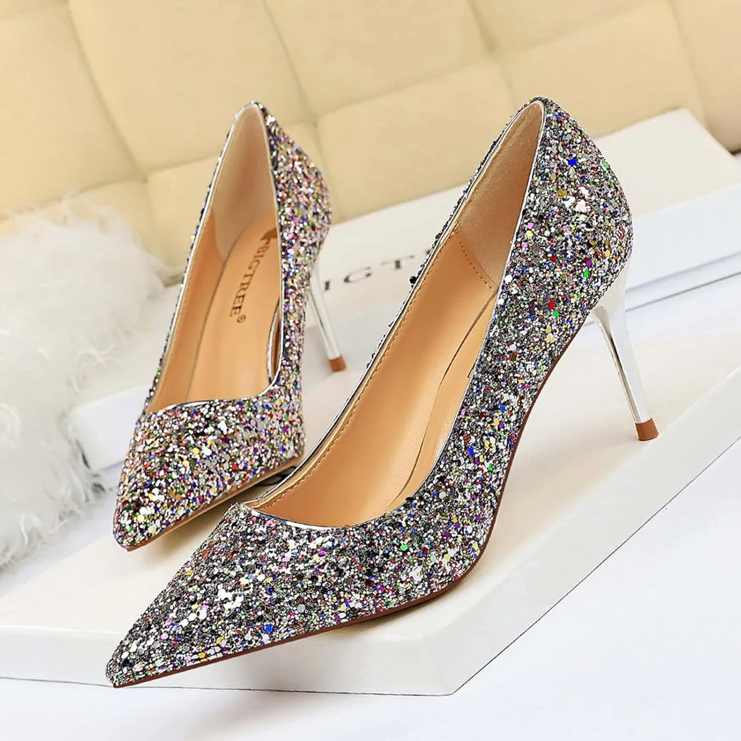 JOEupin Women's Sequin Mid Heel Wedding Pumps Pointed Toe Sparkly Party Wear Glitter Bridal Shoes
