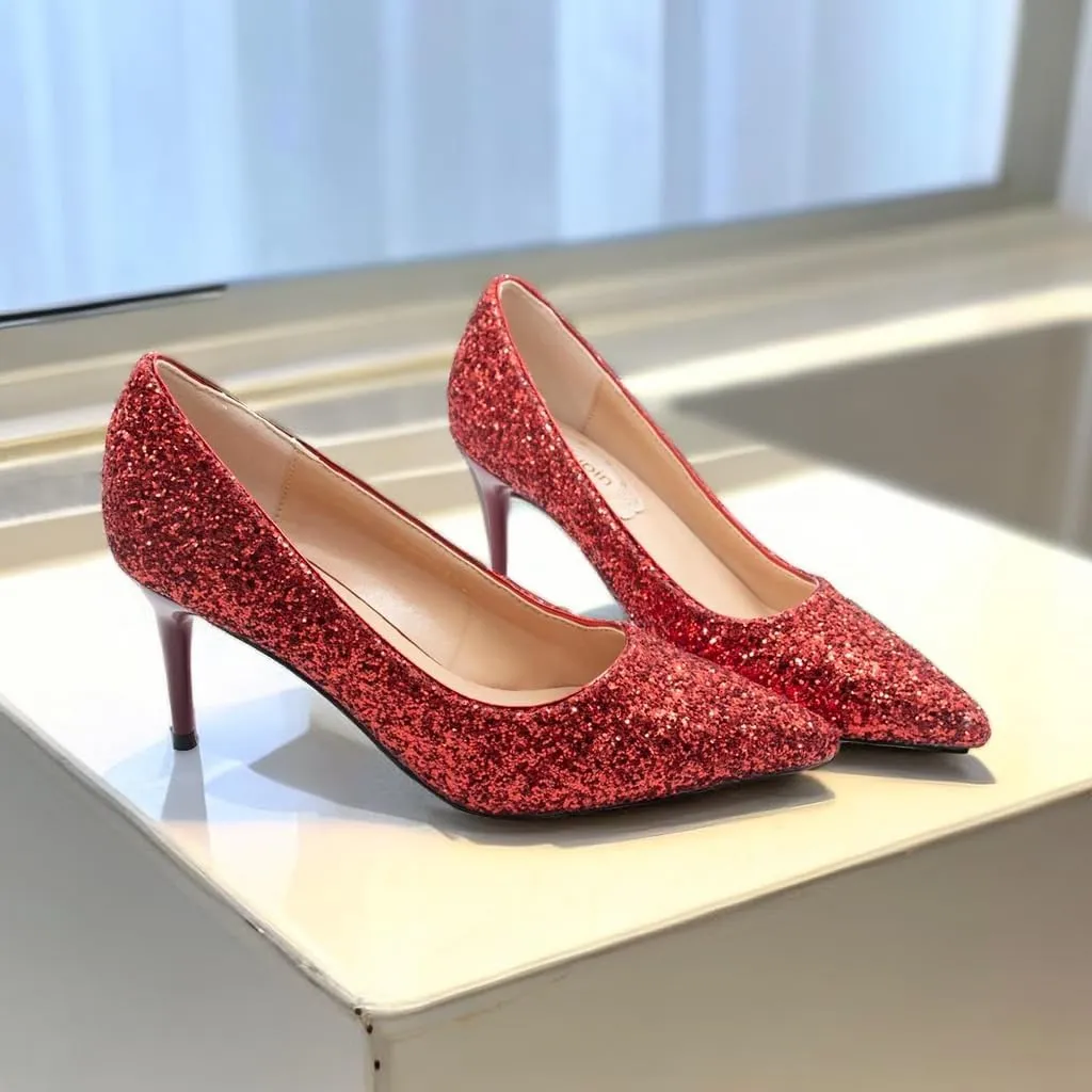 JOEupin Women's Sequin Mid Heel Wedding Pumps Pointed Toe Sparkly Party Wear Glitter Bridal Shoes