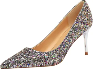 JOEupin Women's Sequin Mid Heel Wedding Pumps Pointed Toe Sparkly Party Wear Glitter Bridal Shoes