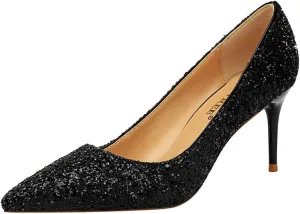 JOEupin Women's Sequin Mid Heel Wedding Pumps Pointed Toe Sparkly Party Wear Glitter Bridal Shoes