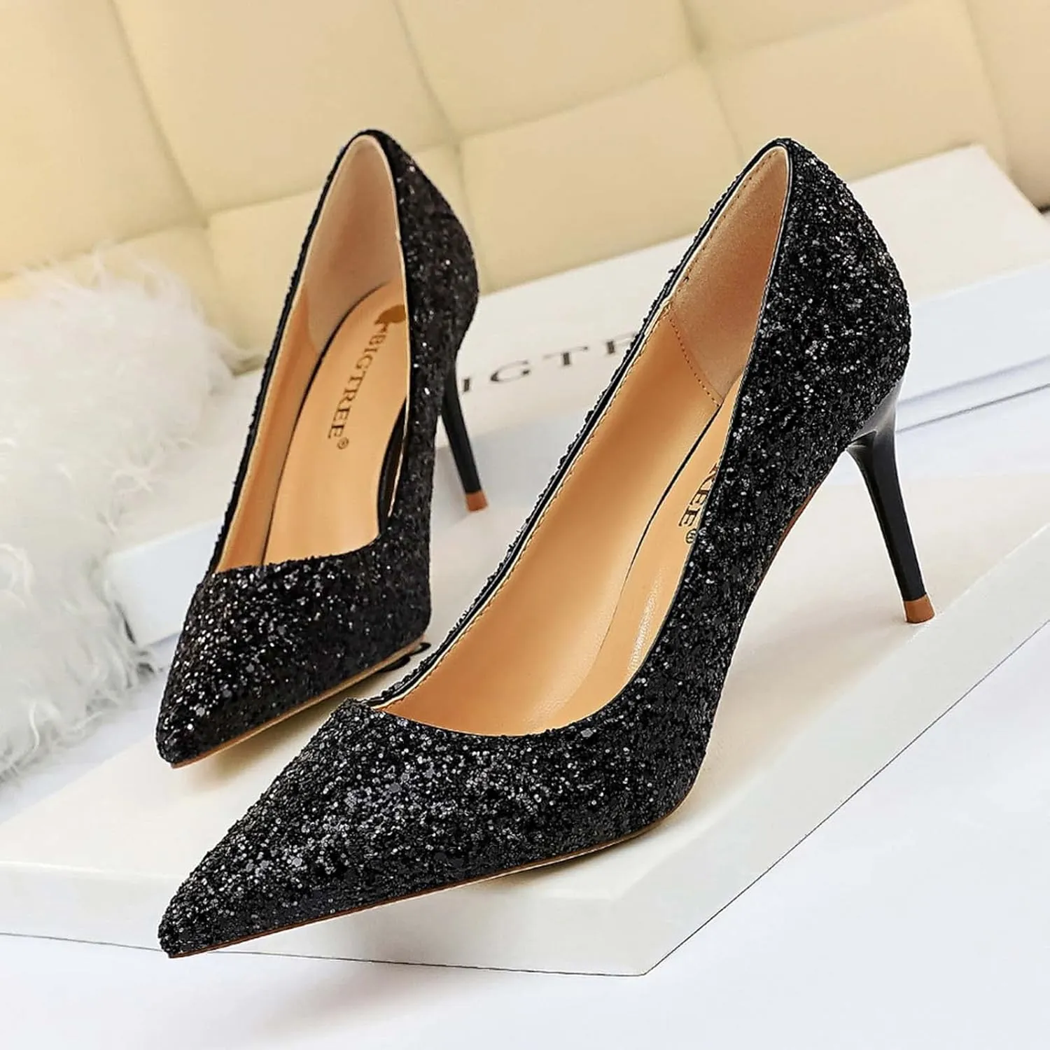 JOEupin Women's Sequin Mid Heel Wedding Pumps Pointed Toe Sparkly Party Wear Glitter Bridal Shoes