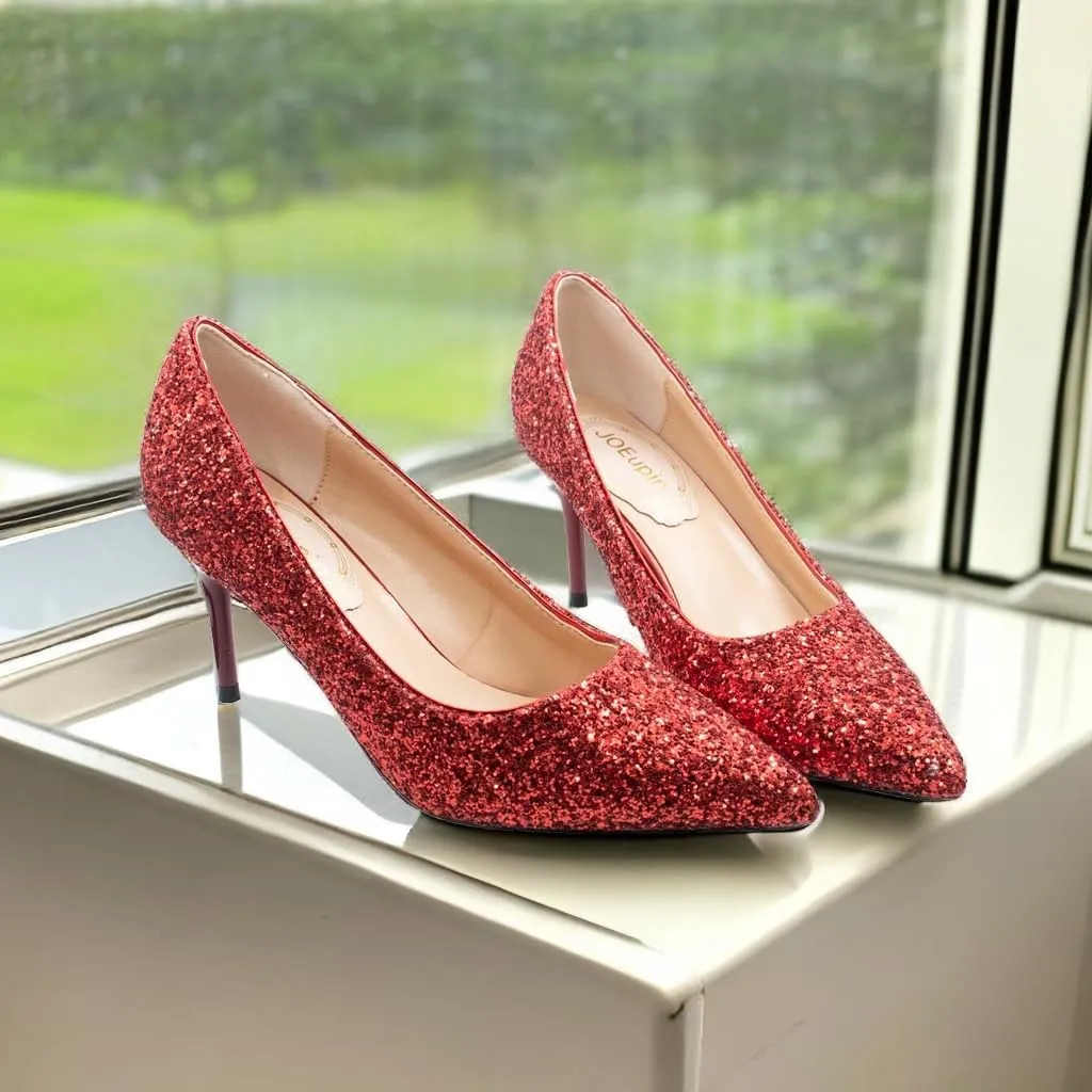 JOEupin Women's Sequin Mid Heel Wedding Pumps Pointed Toe Sparkly Party Wear Glitter Bridal Shoes