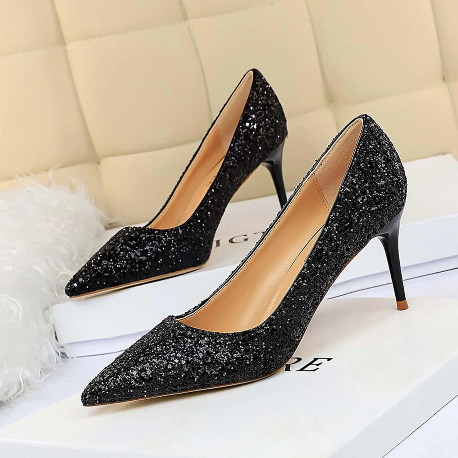 JOEupin Women's Sequin Mid Heel Wedding Pumps Pointed Toe Sparkly Party Wear Glitter Bridal Shoes