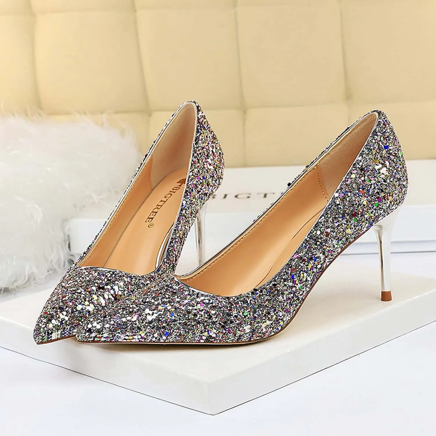 JOEupin Women's Sequin Mid Heel Wedding Pumps Pointed Toe Sparkly Party Wear Glitter Bridal Shoes