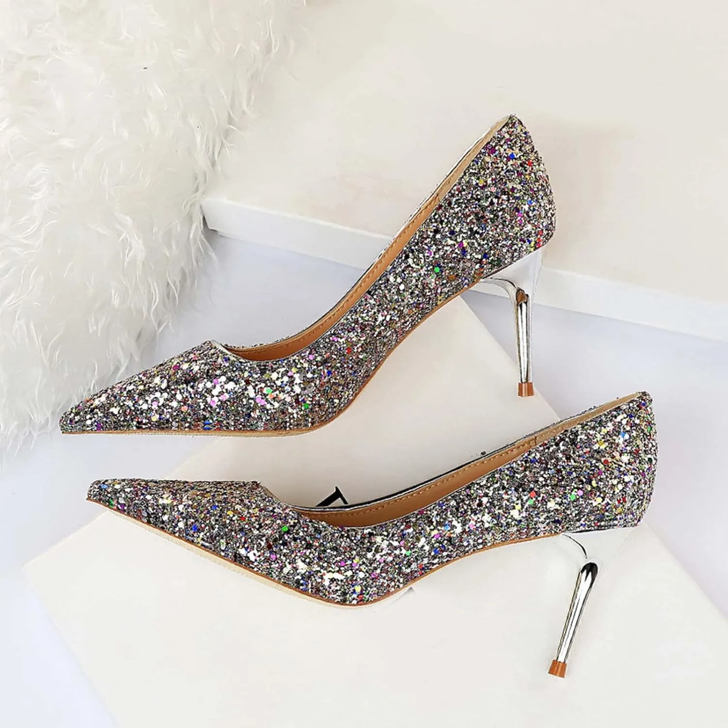 JOEupin Women's Sequin Mid Heel Wedding Pumps Pointed Toe Sparkly Party Wear Glitter Bridal Shoes