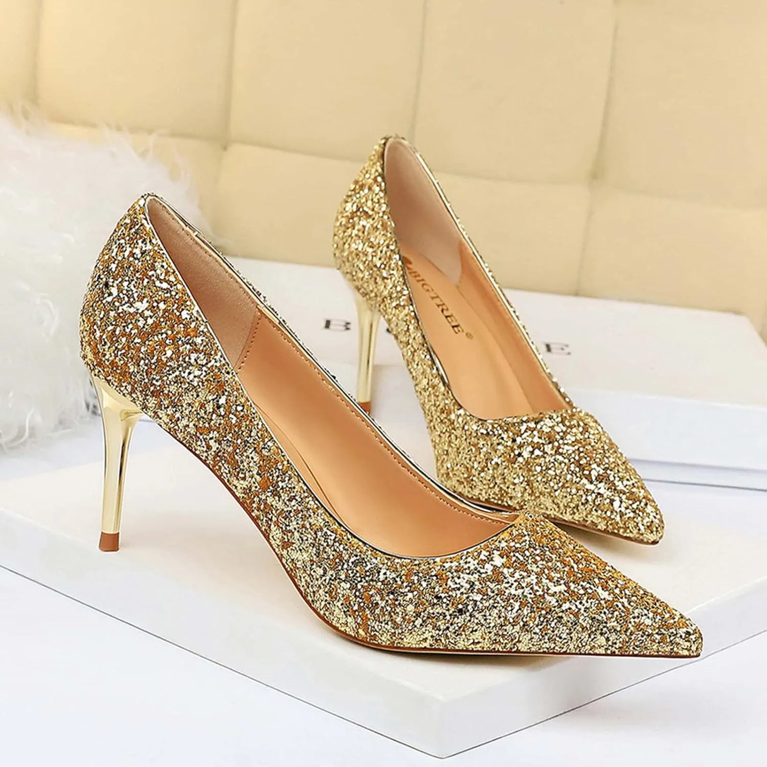 JOEupin Women's Sequin Mid Heel Wedding Pumps Pointed Toe Sparkly Party Wear Glitter Bridal Shoes