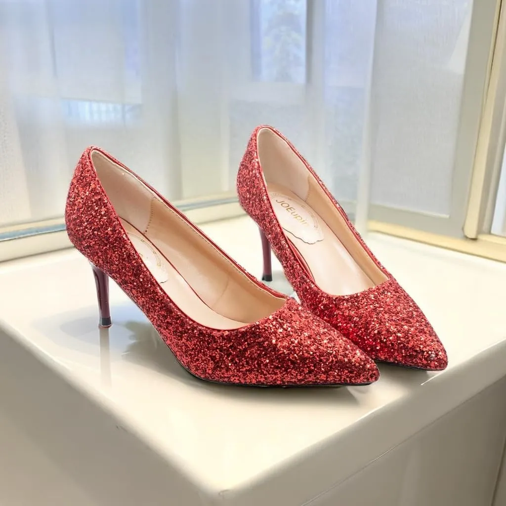 JOEupin Women's Sequin Mid Heel Wedding Pumps Pointed Toe Sparkly Party Wear Glitter Bridal Shoes