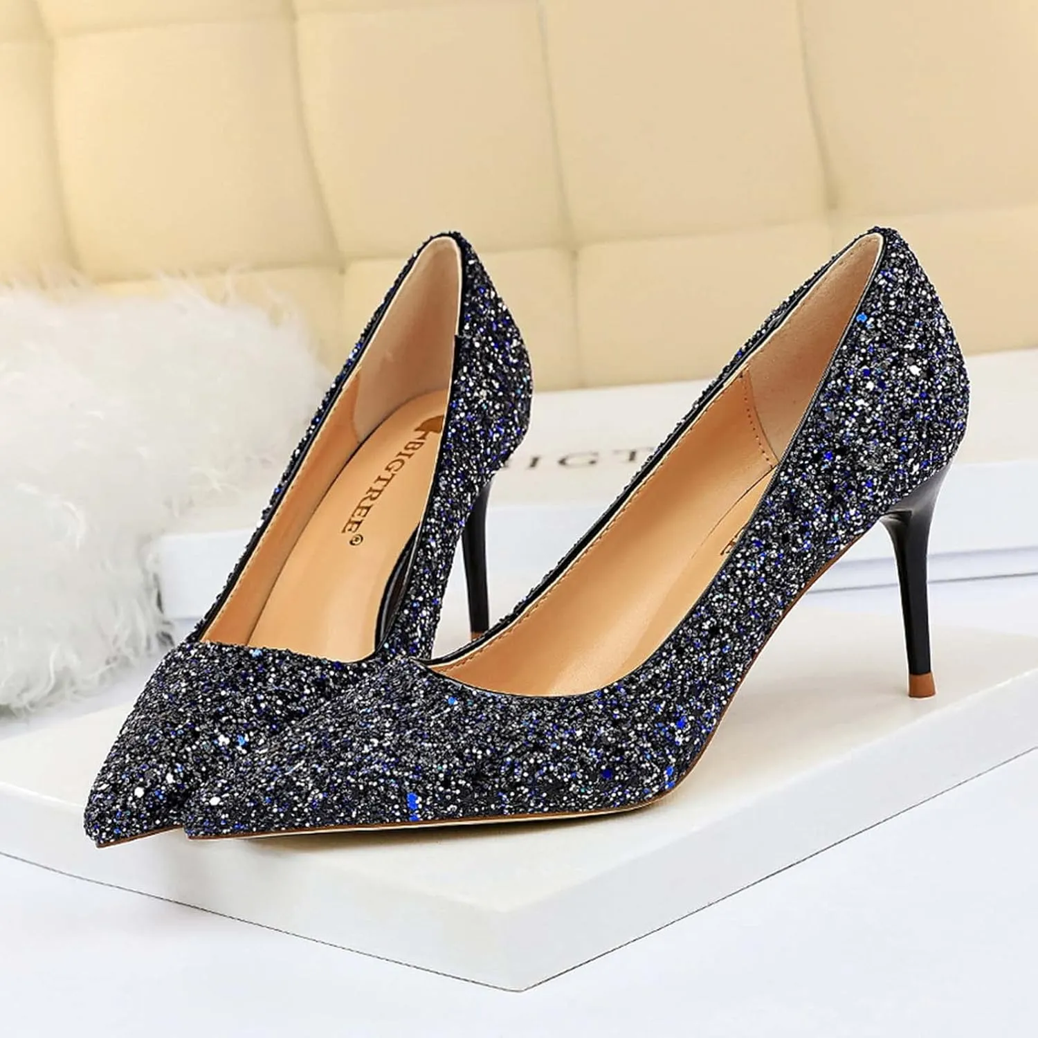 JOEupin Women's Sequin Mid Heel Wedding Pumps Pointed Toe Sparkly Party Wear Glitter Bridal Shoes